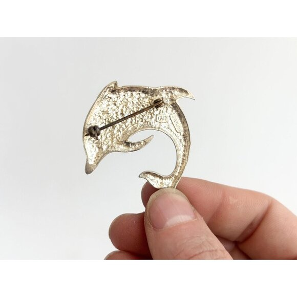 Dolphin Figural Morning Sun Signed Polished Sterling Silver Vintage Brooch - Picture 7 of 10
